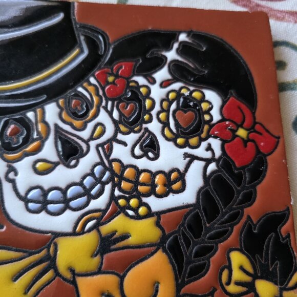 Earthtones Hand Glazed Tile Day of the Dead Skeleton Couple 6" x 6" Bride Groom - Picture 2 of 5